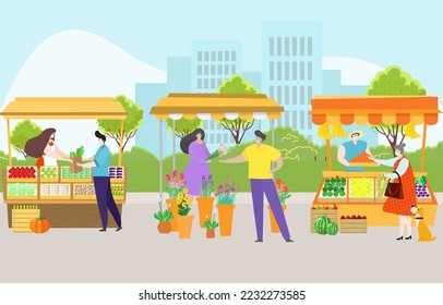 Urban landscape street natural organic farming market, character farmer sell grown vegetable and flower flat vector illustration.