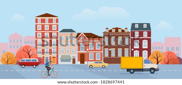Urban
landscape. Street scene with residential buildings and  city
transport on the street. Vector 
illustration
