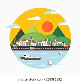 Urban landscape in the style of a flat city,  buildings, vehicles and vessels, yachts and waves.