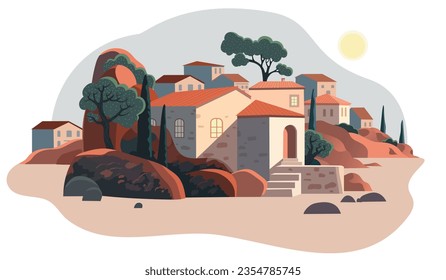 Paisaje urbano al estilo del antiguo mediterráneo europeo con tejados de tejas anaranjadas rocas y árboles, concepto turístico aislado en fondo blanco