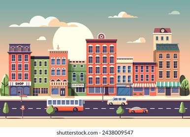 Urban landscape with tall buildings, cars on street, sky with moon, clouds. Urban city, cars speeding down street, architectural designs, facades lining skyline. Vector illustration