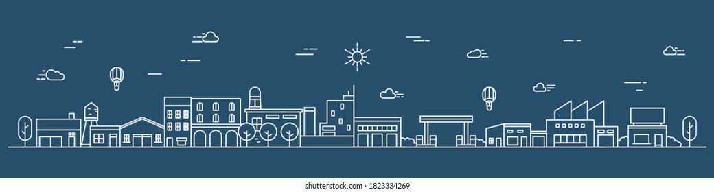 Urban landscape with a thin line style. Cityscape flat line design. Vector illustration.