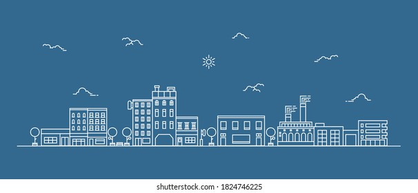 Urban landscape with a thin line style. Cityscape flat line design. Vector illustration.