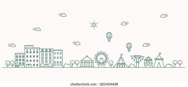 Urban landscape with a thin line style. Cityscape flat line design. Vector illustration.