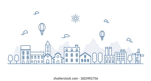 Urban landscape with a thin line style. Cityscape flat line design. Vector illustration.