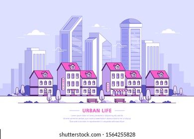 Urban landscape, town street with townhouses and scyscrapers on background. Modern city. Concept website banner template. Flat style vector illustration.