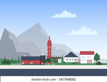 Urban landscape with town or village with private houses or residential buildings, chapel tower and trees. Cityscape with mountain settlement. Colorful vector illustration in flat cartoon style.