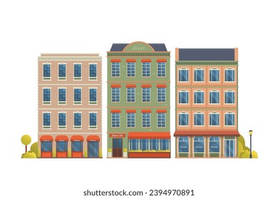 Urban landscape townhouse building illustration. city downtown landscape with various townhouses. flat and front view