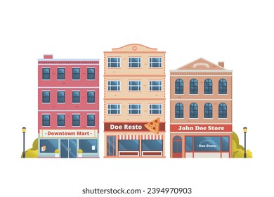 Urban landscape townhouse building illustration. city downtown landscape with various townhouses. flat and front view