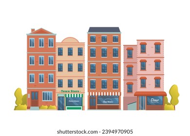 Urban landscape townhouse building illustration. city downtown landscape with various townhouses. flat and front view