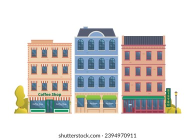 Urban landscape townhouse building illustration. city downtown landscape with various townhouses. flat and front view