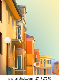 Urban landscape, a typical residential street of the provincial town, vector illustration, cozy houses in the background, beautiful city views in a lovely sunny day