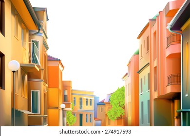 Urban Landscape, A Typical Residential Street Of The Provincial Town, Vector Illustration, Cozy Houses In The Background, Beautiful City Views In A Lovely Sunny Day