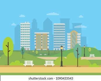 Urban landscape with various buildings and green central park. Illustrations of modern city