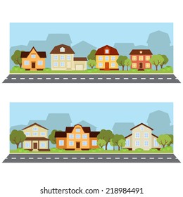 paisaje urbano. banderín vectorial con casas de estilo plano