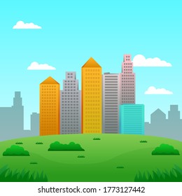 Urban landscape vector with buildings and bright sky suitable for illustration or background