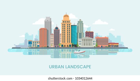 Urban landscape vector illustration. Big city landscape background with skyscrapers on the water's edge. City modern buildings on the shore. Eps 10