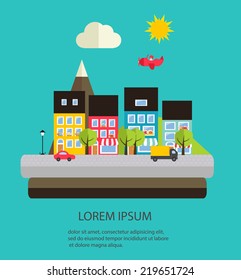 Urban landscape vector illustration in flat design style. Includes buildings, trees, cars etc.