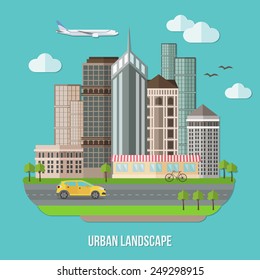Urban Landscape vector illustration with road, tall buildings, skyscrapers, car, bicycle, plane