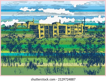 Urban landscape view with buildings and trees. Summer day black and white hand drawing with pen and ink. Sketch style.