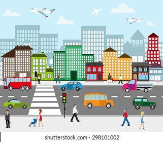 Urban landscape. View of city street with industrial buildings and shopping centers. Roadway with car traffic and pedestrians on the sidewalk in the foreground