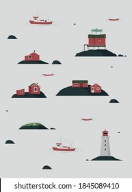 Paisaje urbano o visión de la ilustración de vector plano Diseño plano Noruega barco pesquero de aldea pescador casa pequeña faro Noruega