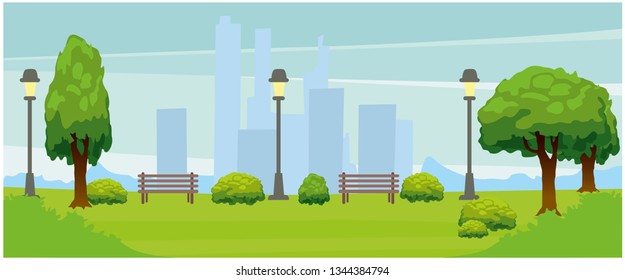 Urban landscape view. Landscape on the background of high houses. Trees, bushes, benches, lanterns. horizontal flat vector illustration.