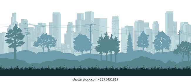 Urban landscape vintage banner colorful with downtown skyscrapers on horizon and city park with power lines vector illustration