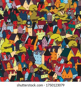 Urban landscape.European house. City panorama.Hand drawn Doodle seamless pattern.Urban-style design. Cartoon print design. Colorful vector illustrations.