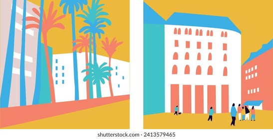 Urban landscapes. City street, road. Vector illustrations. Typographic poster design. Background.