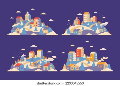 Urban landscapes collection geometric minimal flat style. New year and Christmas winter city on hills, falling snow and fir trees. City or town buildings set. Horizontal banner, holiday greeting card.