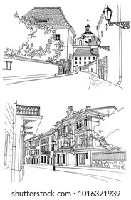Urban landscapes in hand drawn ink line style. Old city street sketches on white background. Lithuania, Vilnius. Vector illustration