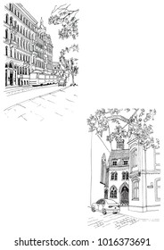 Urban landscapes in hand drawn ink line style. Old city street sketches on white background. Latvia, Riga. Vector illustration