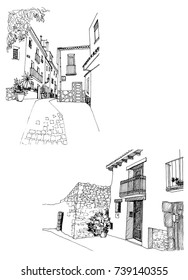 Urban landscapes in hand drawn ink line style. Old city street sketches on white background. Spain, Oropesa. Vector illustration black and white