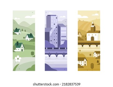 Urban landscapes illustration set. Business skyline center, historic city center and suburban houses. Real estate concept. Vector illustration.