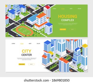 Urban landscapes - set of colorful isometric web banners with copy space for text. Quality composition with apartment houses, buildings, football field, stadium, road with cars. City architecture idea