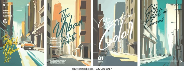 Urban landscapes. Set of vector illustrations. Typographic poster design and watercolor art on background. - Shutterstock ID 2270011017