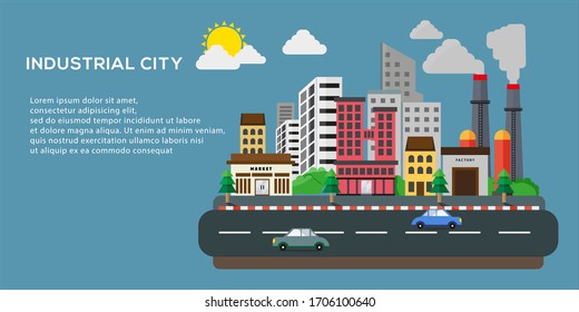 Urban Lanscape, Flat Desgin Banner. the concept of life in an industrial city with architectural buildings, cities, and factory smoke pollution. illustration vector