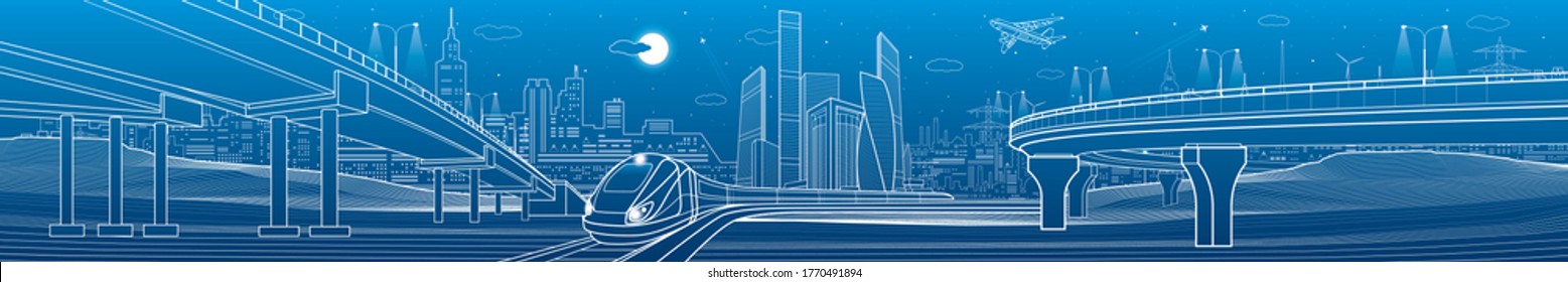 Urban large panorama. Modern city skyline outline illustration. Train rides on bridge. Illumination highway. Car overpass. Town infrastructure . White lines on blue background. Vector design art