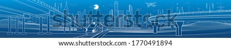 Urban large panorama. Modern city skyline outline illustration. Train rides on bridge. Illumination highway. Car overpass. Town infrastructure . White lines on blue background. Vector design art