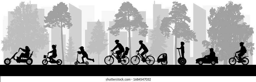 Urban leisure activities in spring and summer. People ride bicycles, scooters, cars, segway. Silhouette of urban park. Vector illustration.