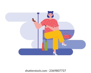 Urban life, beautiful woman pink shirt sitting on the subway making up using red lipstick. Character design. Vector flat illustration