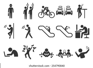 Urban Life In The City Vector Illustration Icon Set. Included The Icons As Traffic Jam, Transportation, Hangout, Work In The Office, Chat On Mobile, Drink And More.