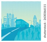 Urban life highlighting sustainable transportation methods such as buses, bikes, and scooters amidst city infrastructure. Urbanization and Mobility Concept.
