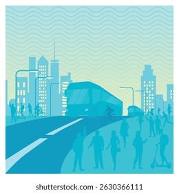 Urban life highlighting sustainable transportation methods such as buses, bikes, and scooters amidst city infrastructure. Urbanization and Mobility Concept.