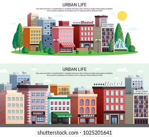 Urban life horizontal banners with picturesque town center shopping area houses with zoom effect isolated vector illustration