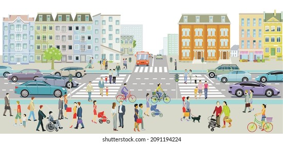 Urban life in the residential district and road traffic, pedestrians and families in leisure time, illustration