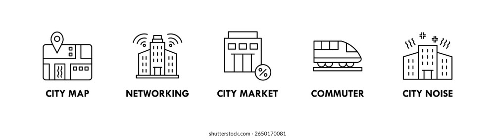 Estilo de vida urbano banner ícone da web ilustração conceito com ícone do mapa da cidade, rede, mercado da cidade, viajante e ruído da cidade