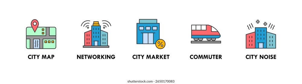 Estilo de vida urbano banner ícone da web ilustração conceito com ícone do mapa da cidade, rede, mercado da cidade, viajante e ruído da cidade