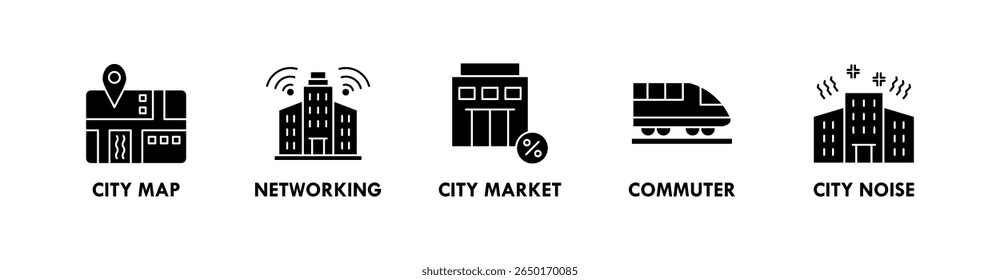 Estilo de vida urbano banner ícone da web ilustração conceito com ícone do mapa da cidade, rede, mercado da cidade, viajante e ruído da cidade